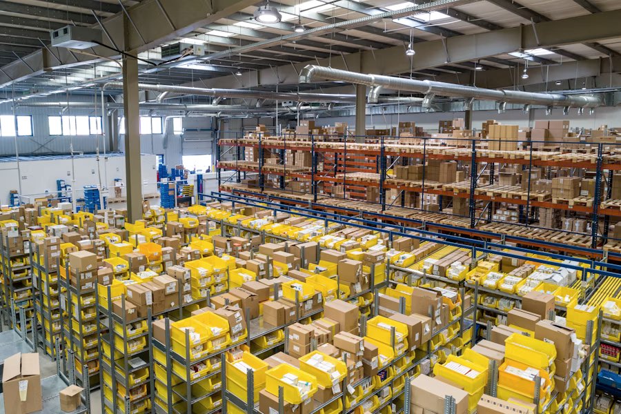 Opgeslagen goederen op pallets in een magazijn
